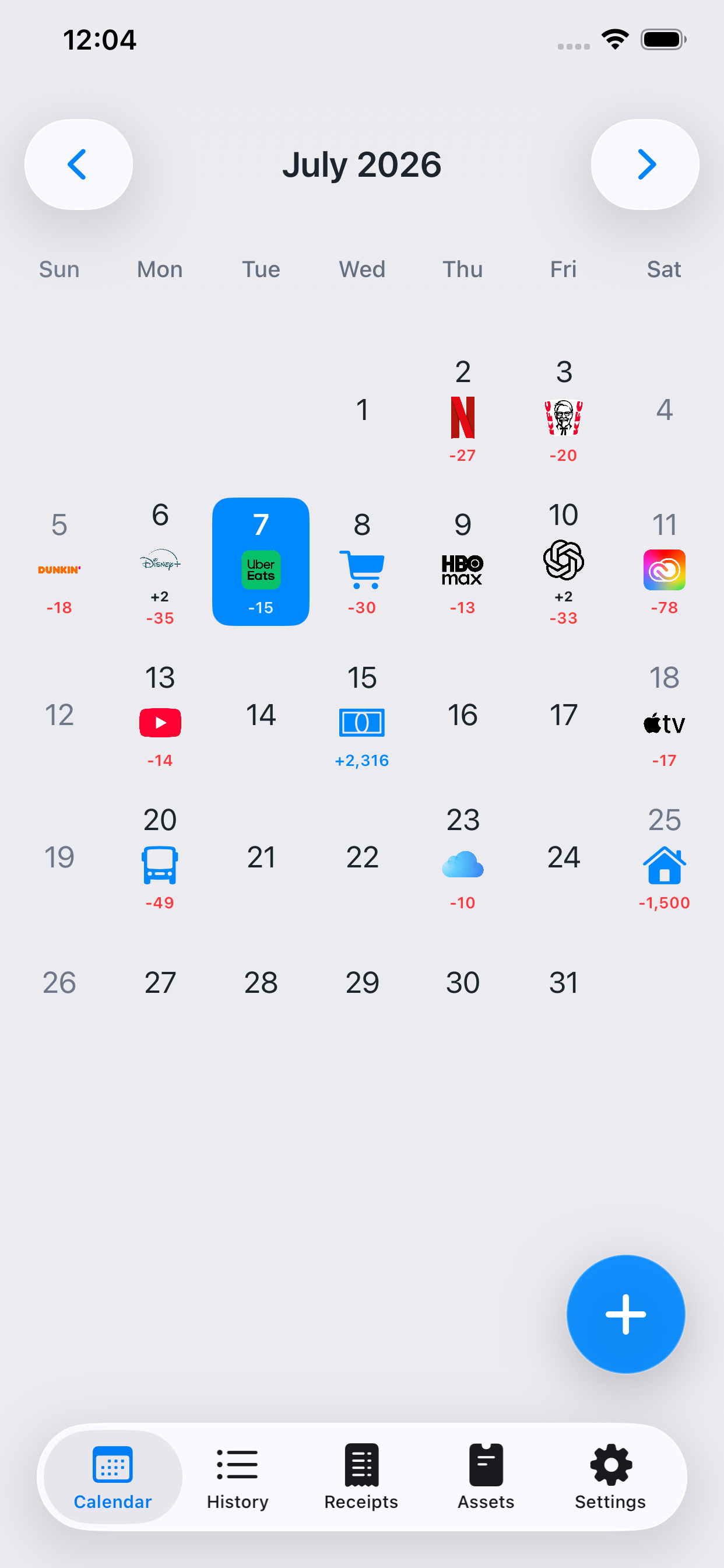 Calendario mensual de Kirocal con iconos e importes diarios
