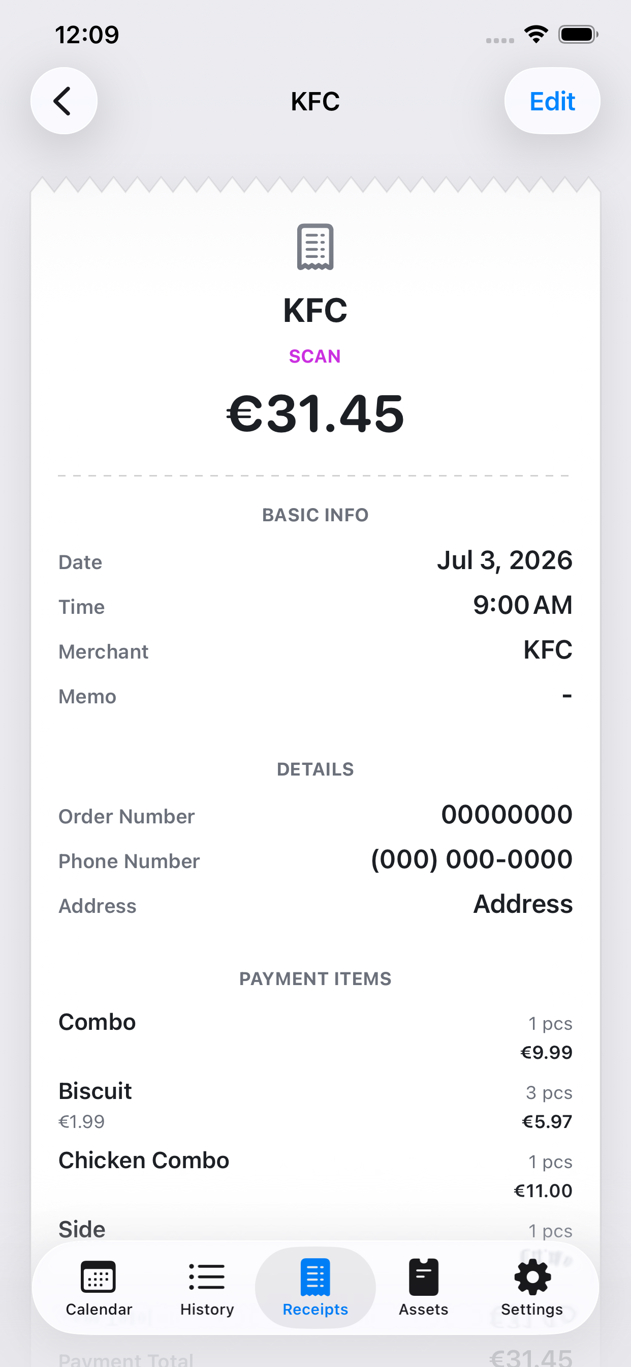 Detalle de recibo virtual estructurado en Kirocal para una compra en KFC