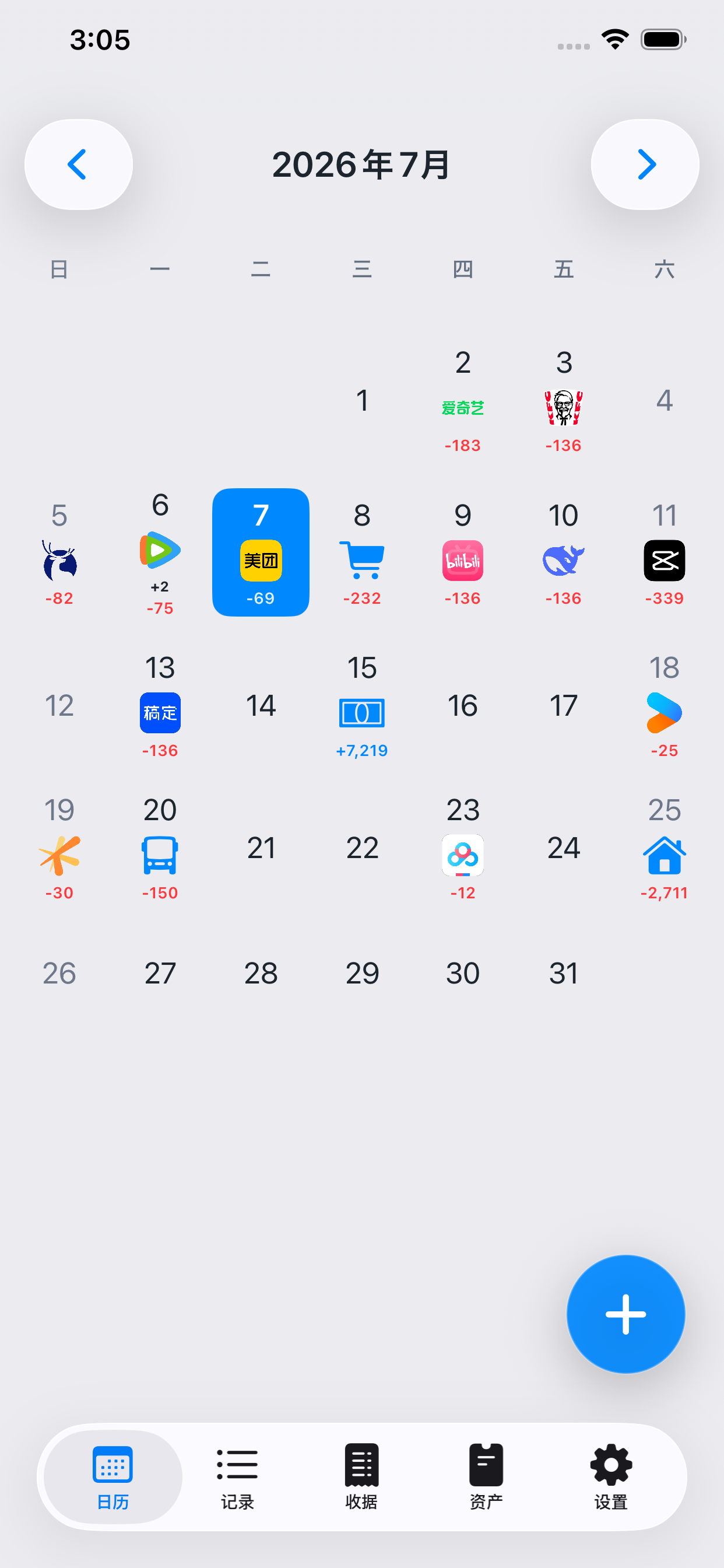 带有每日交易图标与金额的 Kirocal 月历